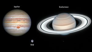 Jupiter, Szaturnusz és Föld egymáshoz hasonlítva méretarányos