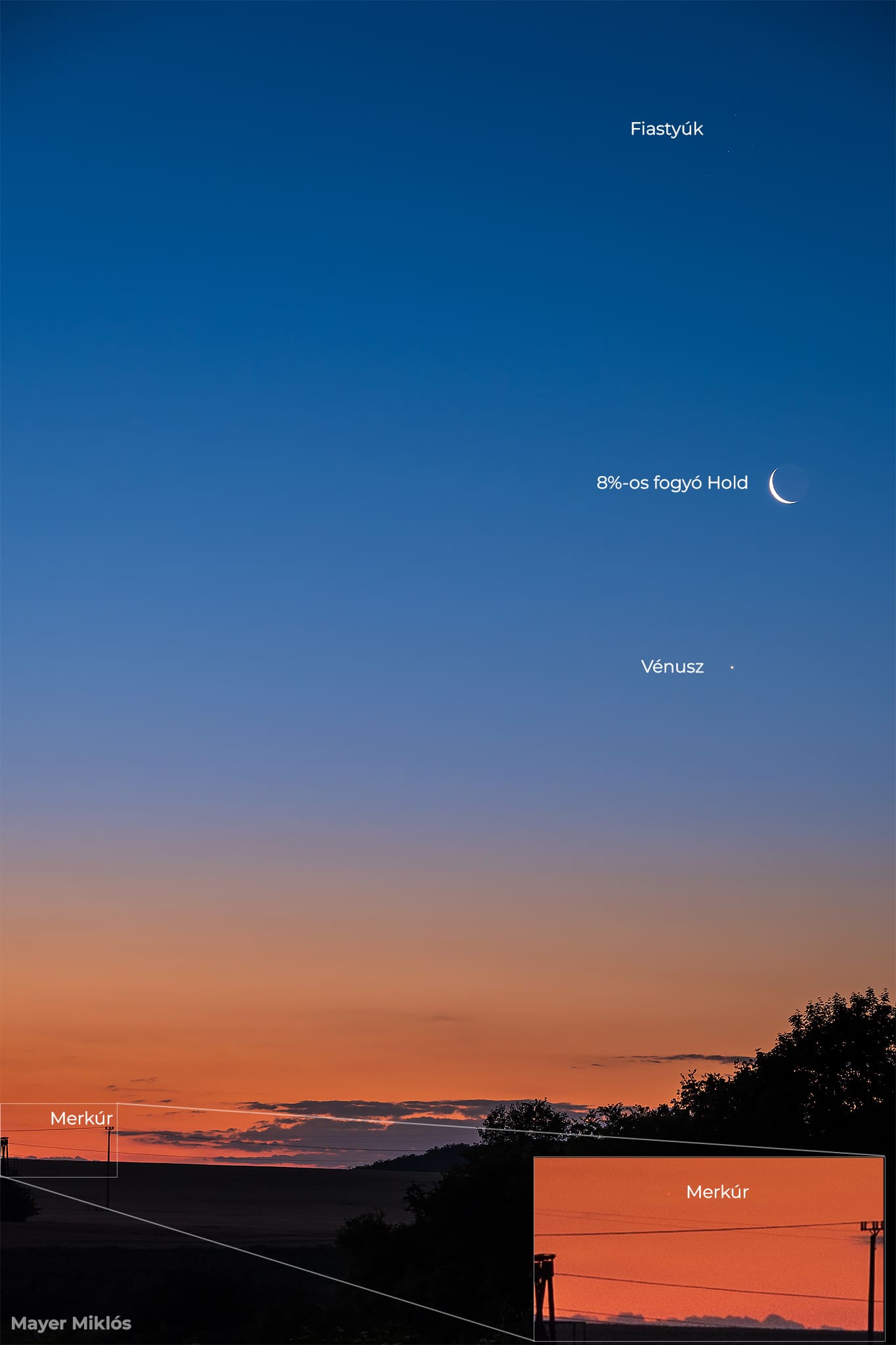Merkúr Vénusz holdsarló fiastyúk együttállás a hajnali égen