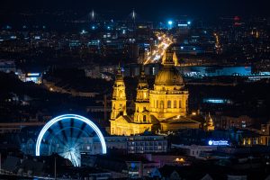 Az Óriáskerék, a Szent István Bazilika és Megyeri híd éjjel