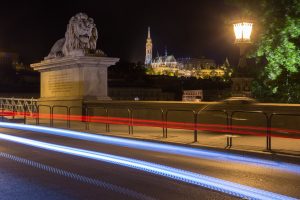 Lánchíd oroszlánja, háttérben a Mátyás templommal éjszaka