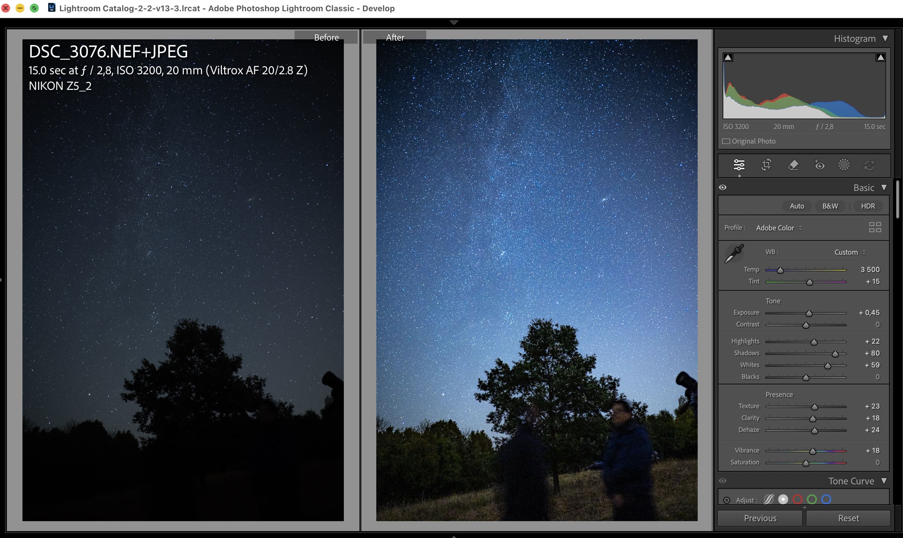Tejútas fotó szerkesztése Adobe Lightroomban - előtte-utána verzió